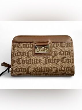 Juicy Couture Brown Monogram Zip Wallet with Gold Plaque